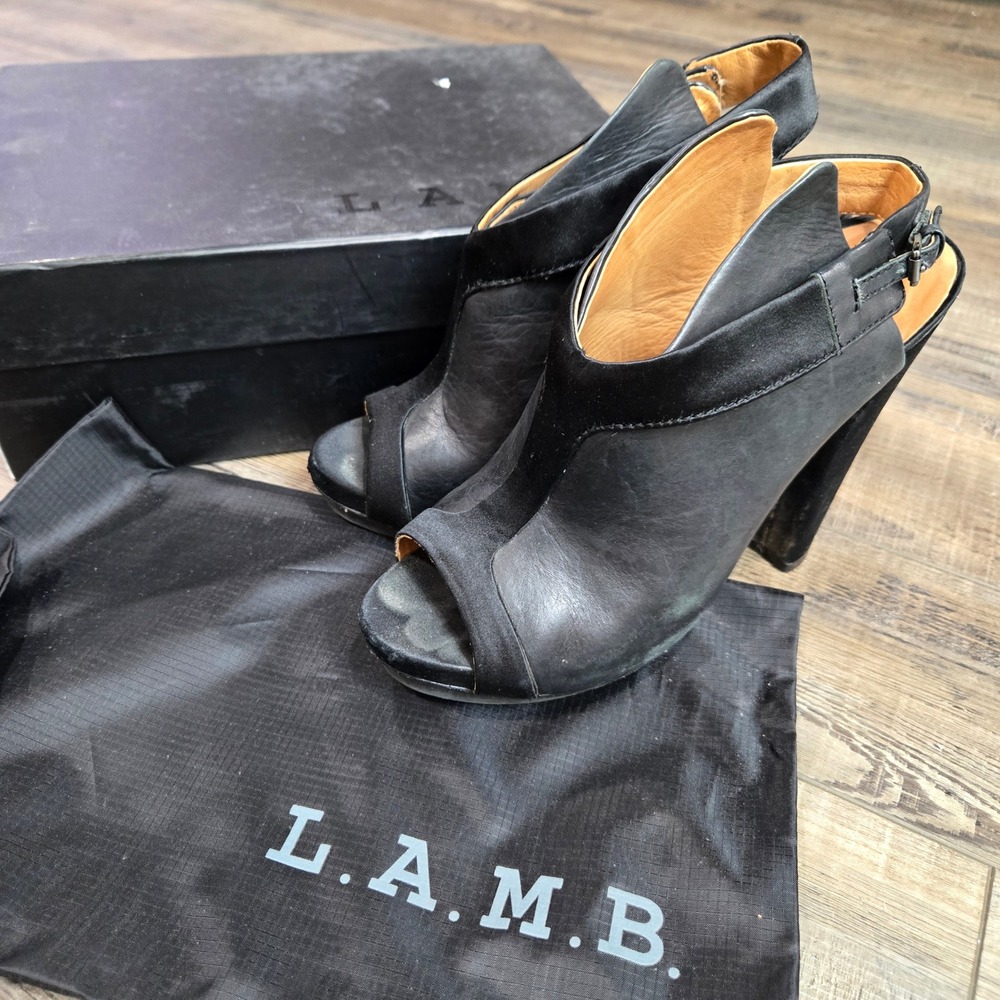 Y2K LAMB Gwen Stefani Black Leather Satin Peep Toe Slingback Block Heels 8.5